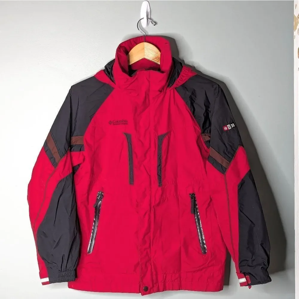 Columbia Sportswear Youth Red Black Waterproof Hoodie Shell Windbreaker Sz 14
